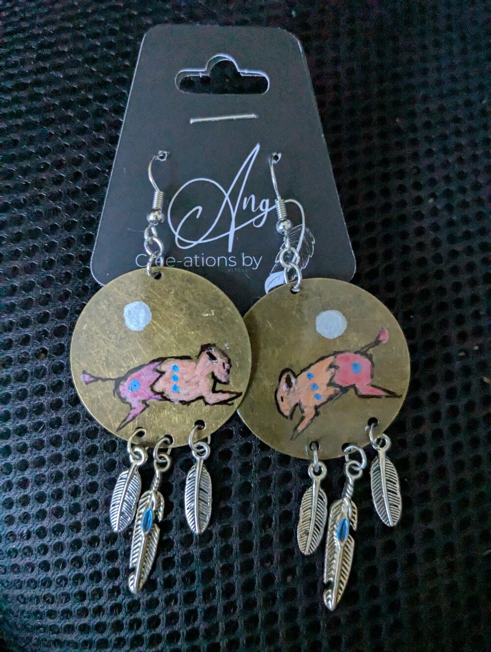 Hand-Painted Bronze Native American Buffalo Earrings with Silver Feather Charms